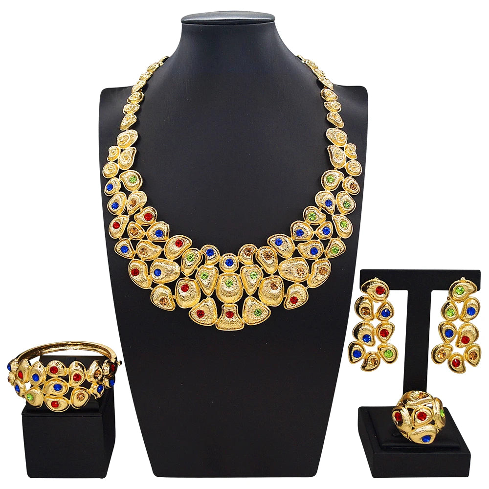 Zhuerrui Brazilian Style Two-tone Gold Pearl Jewelry Set White Crystal Inlaid Necklace Earring Bracelet Ring for Party I008020-2
