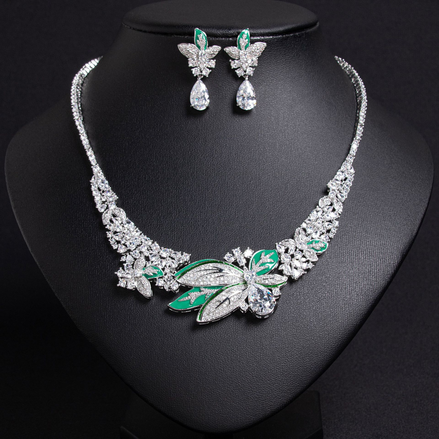 Newest Vintage Platinum Plated Brass Greek Iris Zirconia Dragonfly Necklace Earrings Sets Retro for Anniversary Gift