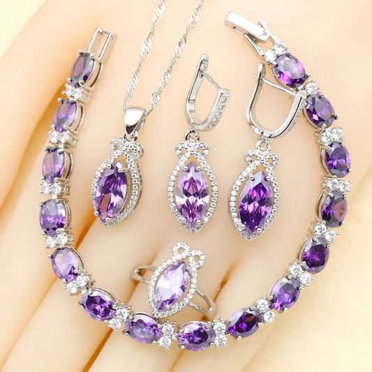 2022 New Classic Purple Crystal Jewellery Sets for Women Zircon Open Ring Pendant Necklace Bracelet Earrings for Wedding Party