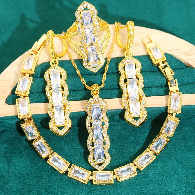 XOTICA Exquisite White Zircon Gold Color Jewelry Set for Women Wedding Earrings Necklace Pendant Ring Bracelet for Parties Engagements