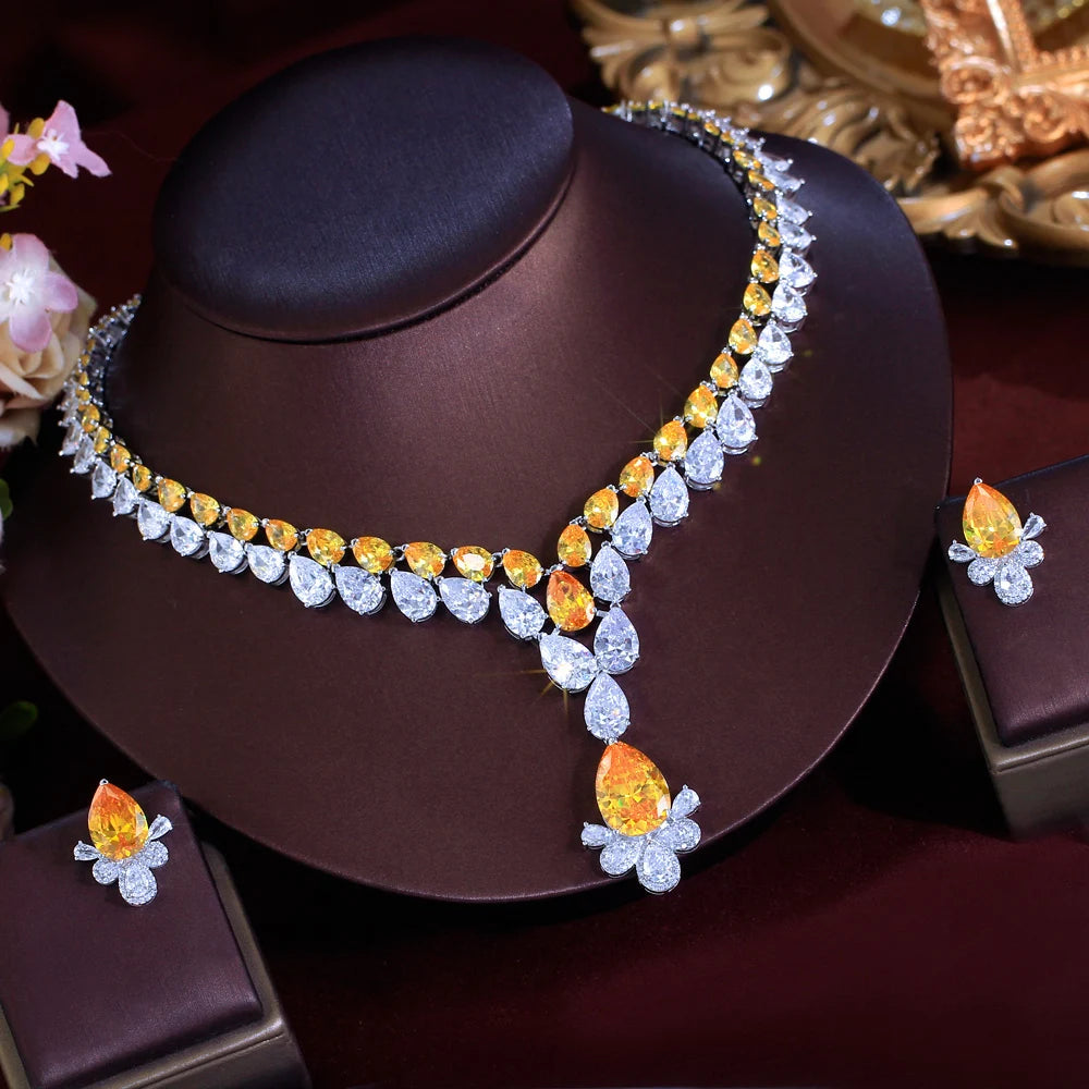 2 Layer Water Drop Zirconia Big Chunky Necklace and Earrings Yellow Party Brides Jewelry Sets for Women Luxury Wedding Decor