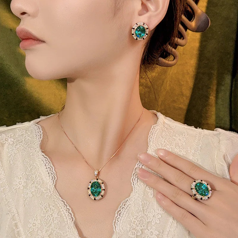REDheart Fashion Women's JUNLU Copper Inlaid Zircon Flower Design Spotted Black Pendant Gold-Plated Costume Jewelry Set Retro Suit