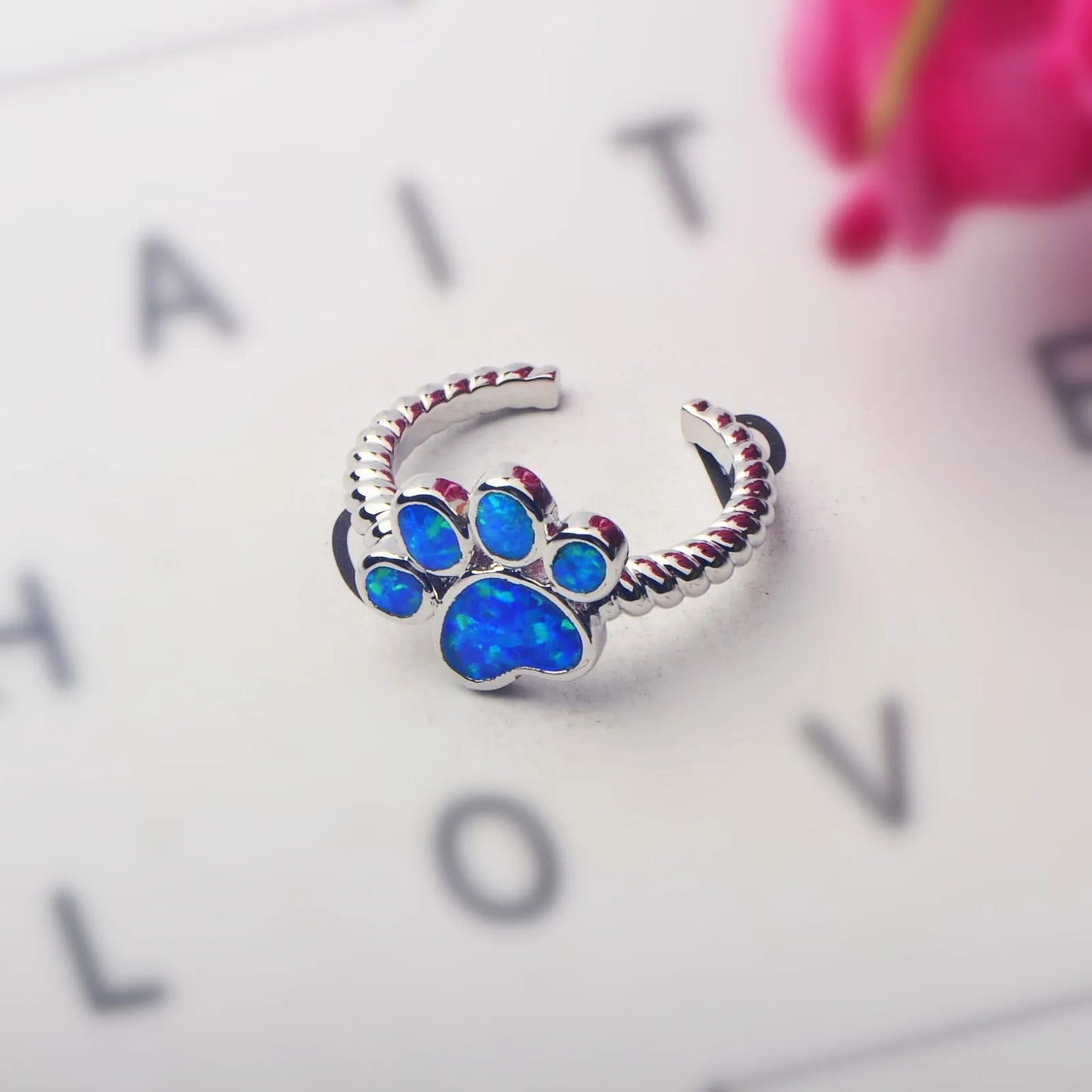Cute Paw Print Blue Opal Open Ring | Iridescent Gem Inlay  Band | Adorable Pet-Themed Jewelry for Women Trendy Style
