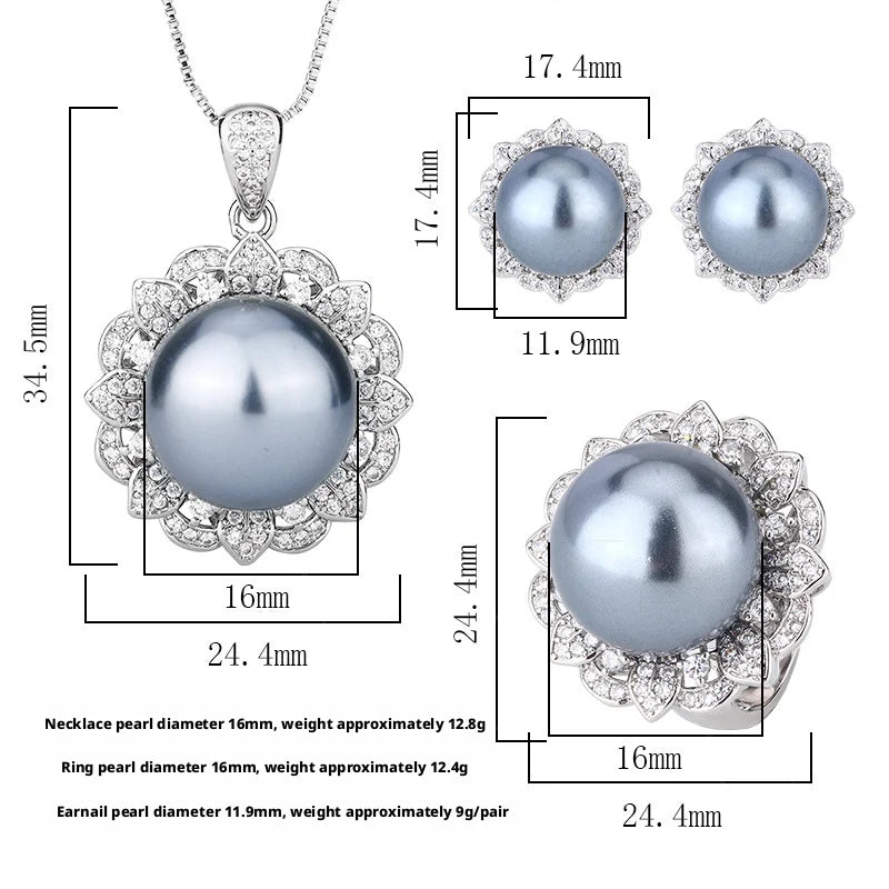Fashion Eco-friendly Copper Gold Plated Earrings Set Round Cut 16-12mm Grey Shell Pearl Bridal Jewelry Set for Women