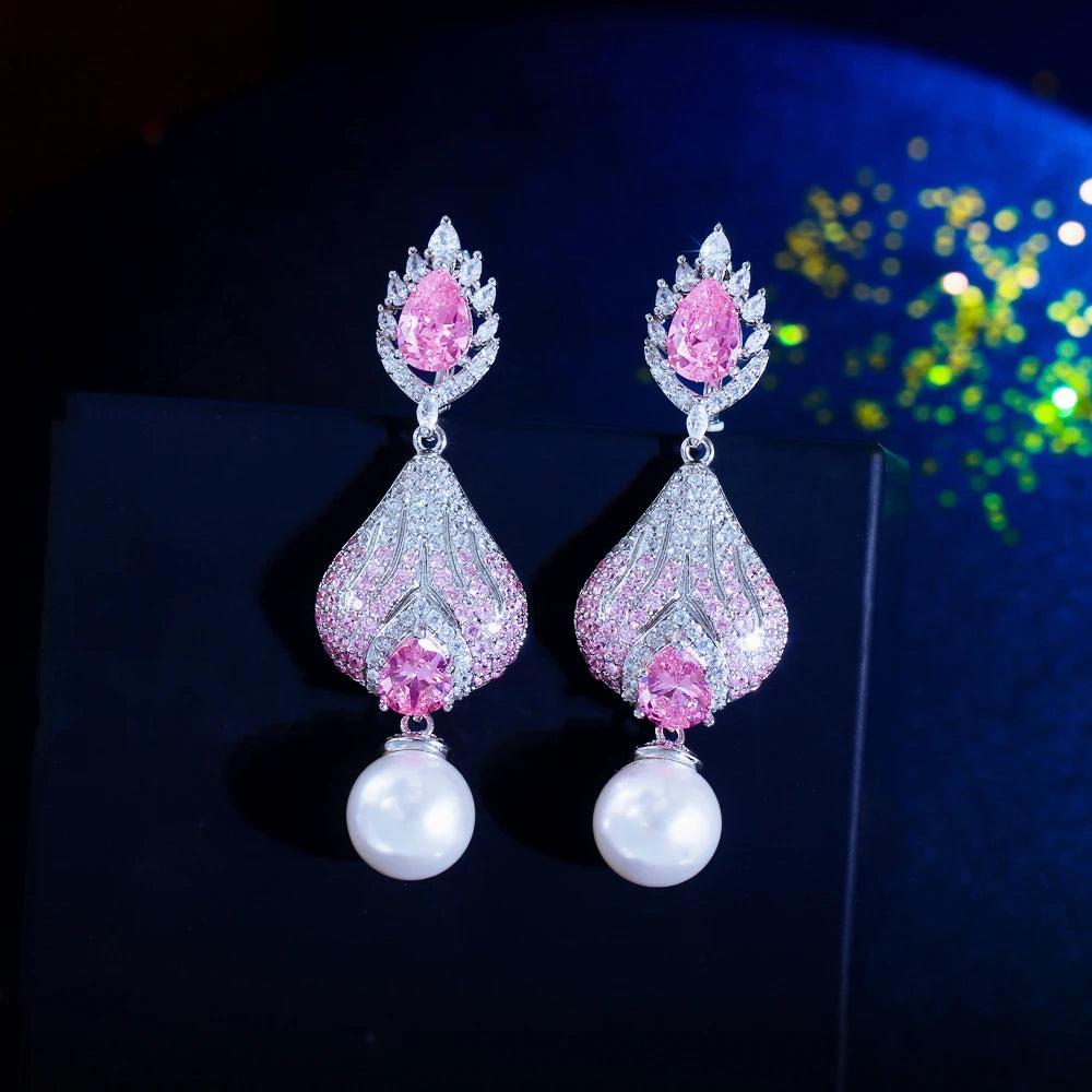 S&S Pink CZ Pavé Pearl Huggie Drop Earrings – Pear Cut – Rhodium Plated – Collection