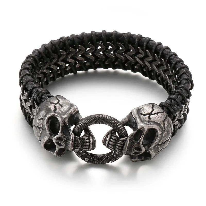 KALEN Punk Skull Fashion Jewelry Bracelets Stainless Steel Cowhide Leather Bracelet Bangle