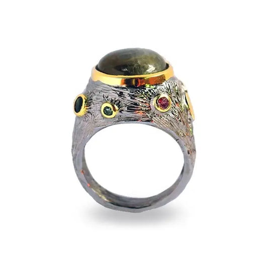 925 Sterling Silver Ring with Tourmaline Design Labradorite Stone Thailand CLASSIC Gemstone Rings