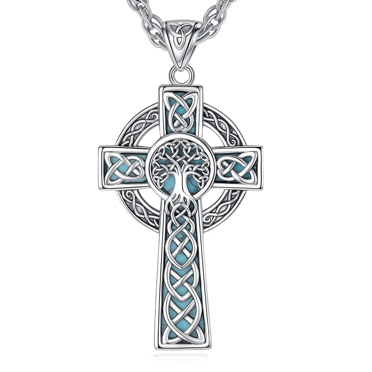 REBEL VIKING Celtic Cross & Tree of Life Pendant – Antiqued Silver & Turquoise