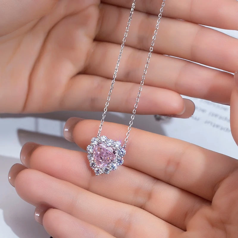 Messi Jewelry MSN-653 Pink Heart Cut High Carbon Diamond Cubic Zirconia Necklace Classic Style Pendant Necklace