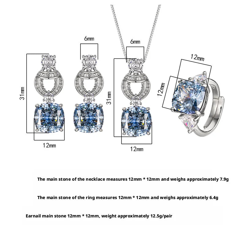 Fashion Eco-friendly Copper 12*12MM Blue Zircon Brass Square Pendant Earrings Ladies Necklace Jewelry Set for Refined