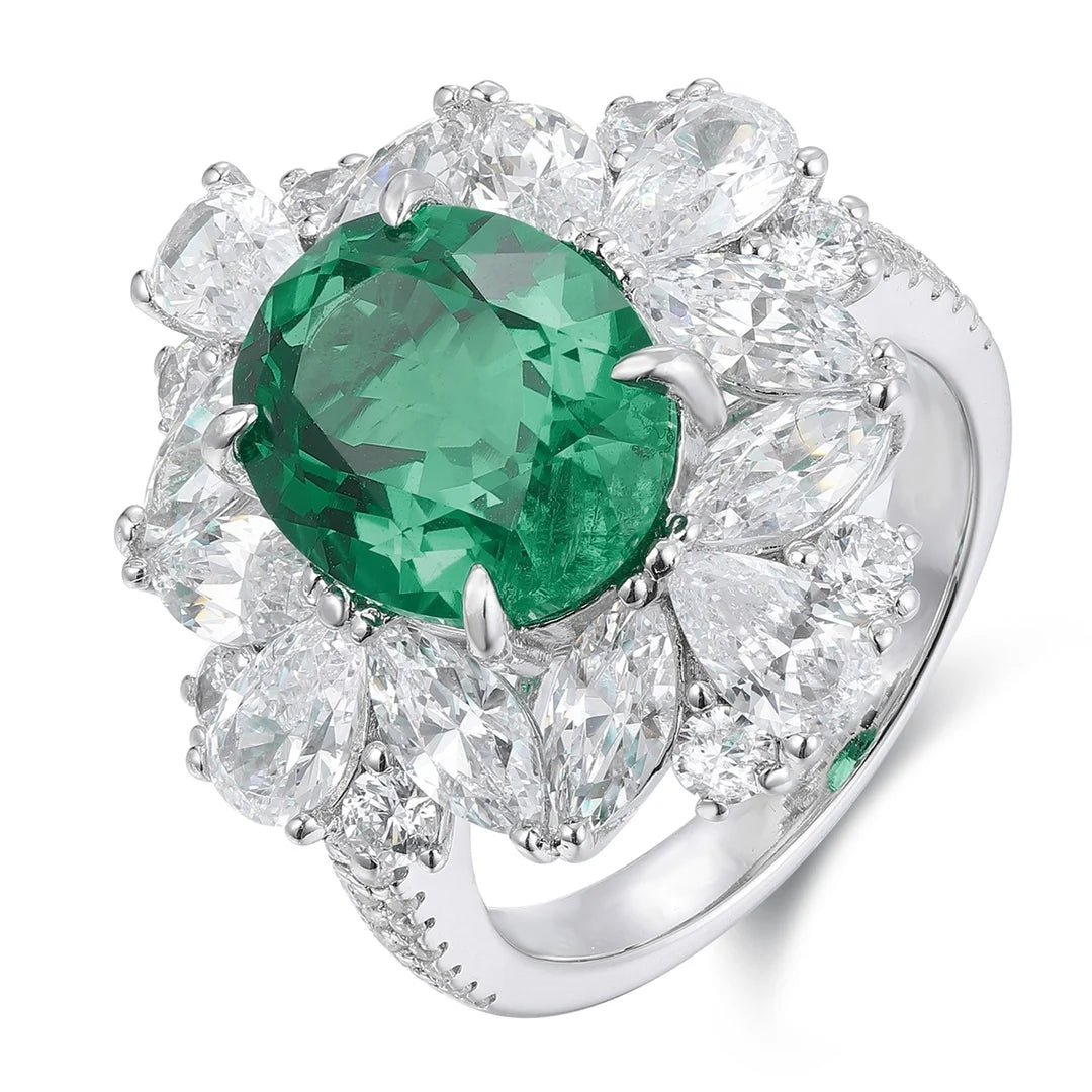 Gemfiori S925 Silver Cultivated Emerald Ring Main Stone: 3.54CT Side Stones:5.81CT Weight: 7.42g