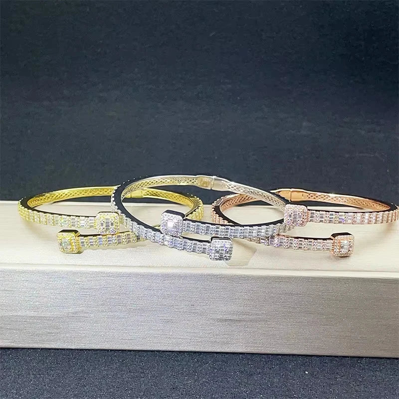Hop Style Men's Women's 925 Sterling Silver Iced VVS Baguette Moissanite T Square Cuban Link Bracelet Bangle Set