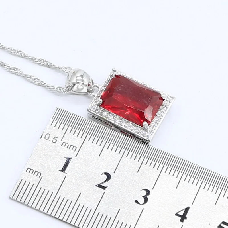 XOTICA Women's Red Zirconia Bridal Jewelry Set Silver Color Wedding Pendant Bracelet Rings Necklace for Parties Gifts Engagements