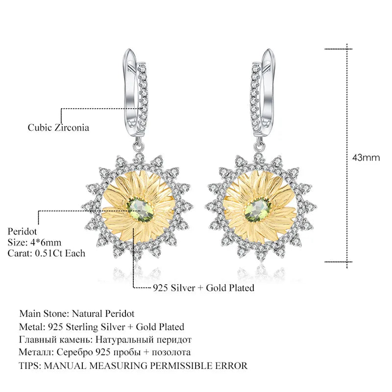 ArtistA C7614 Guangzhou Turkish 925 Solid Sterling Silver Natural Peridot Gemstone Sunflower Jewelry Set
