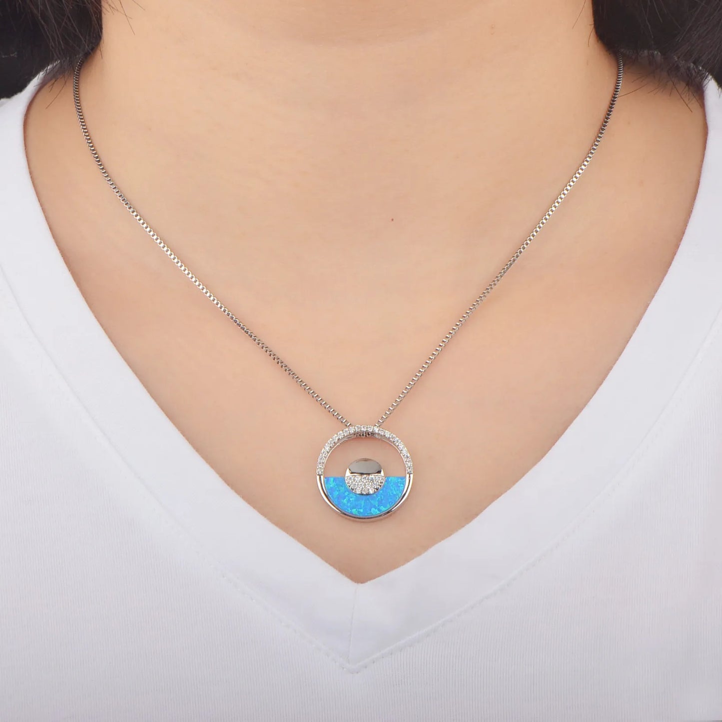Ins Style Hawaiian Blue Opal Necklace - Round Charm Statement Sweater Chain Boho Jewelry