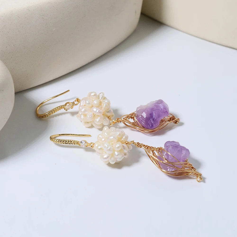 Natural Freshwater Pearl Flower Ball Amethyst Earrings Korean Style Women Luxury Jewelry Fashion Ladies and Girls Gift GE1578