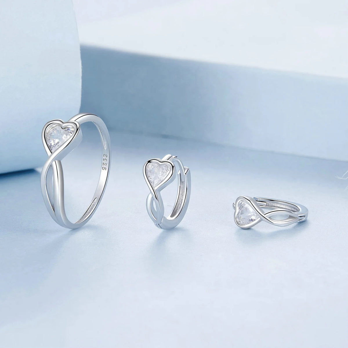S&S Infinite Love Heart Zirconia Ring & Stud Earrings Set | 925 Silver Platinum Plated | Romantic | S&S Collection