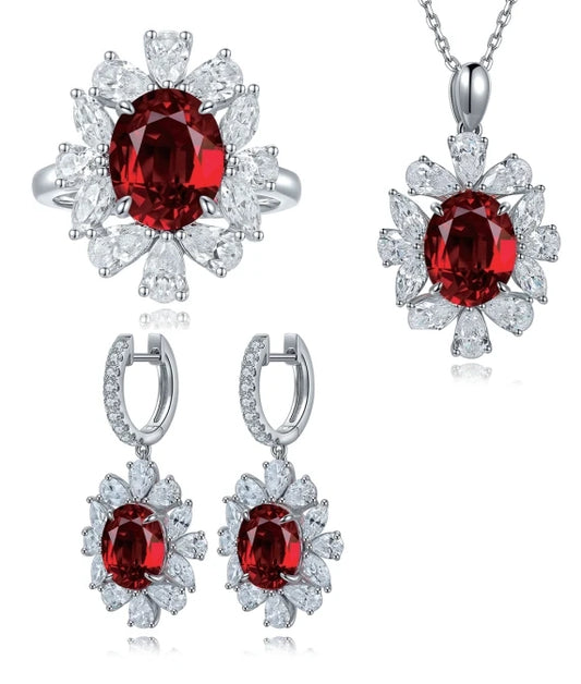 S&S Lab Grown Ruby 925 Silver Bridal Jewellery Set | Oval Cut Vintage Ring, Necklace & Earrings | S&S Collection