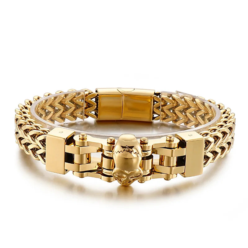KALEN Punk Fine Jewelry Fashion Bracelets Men Stainless Steel Skull Berringbone Links Bracelet Bangle