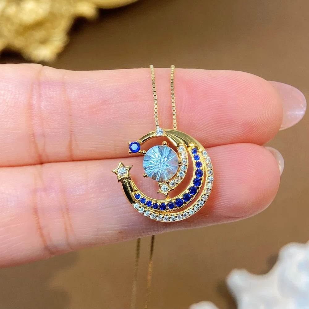 Gioiellieri Luxury Natural Sky Blue Crystal Necklace Round Fireworks Cut S925 Sterling Silver Gold Plated Rhodium Plated Charm Pendant Gift