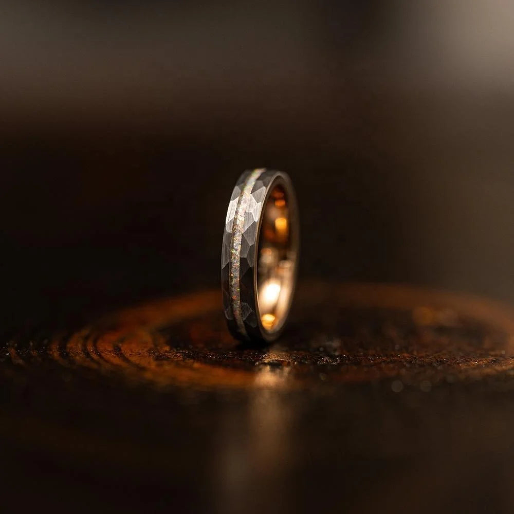 OAHLAN 6mm Fashion Jewelry Hammered Tungsten Carbide Ring Crushed Opal Inlay Rose Gold Plated Women Men Engagement Wedding Band