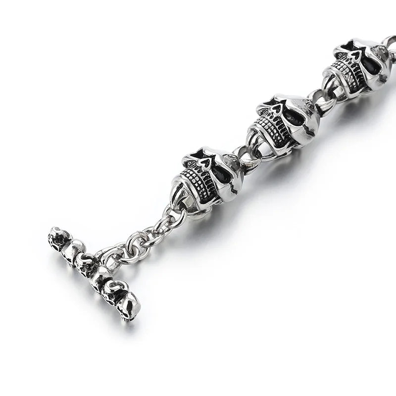REBEL Men Punk Stainless Steel OT Clasp Skull Links Bracelet&Necklace/Waist Chain Jewelry Set