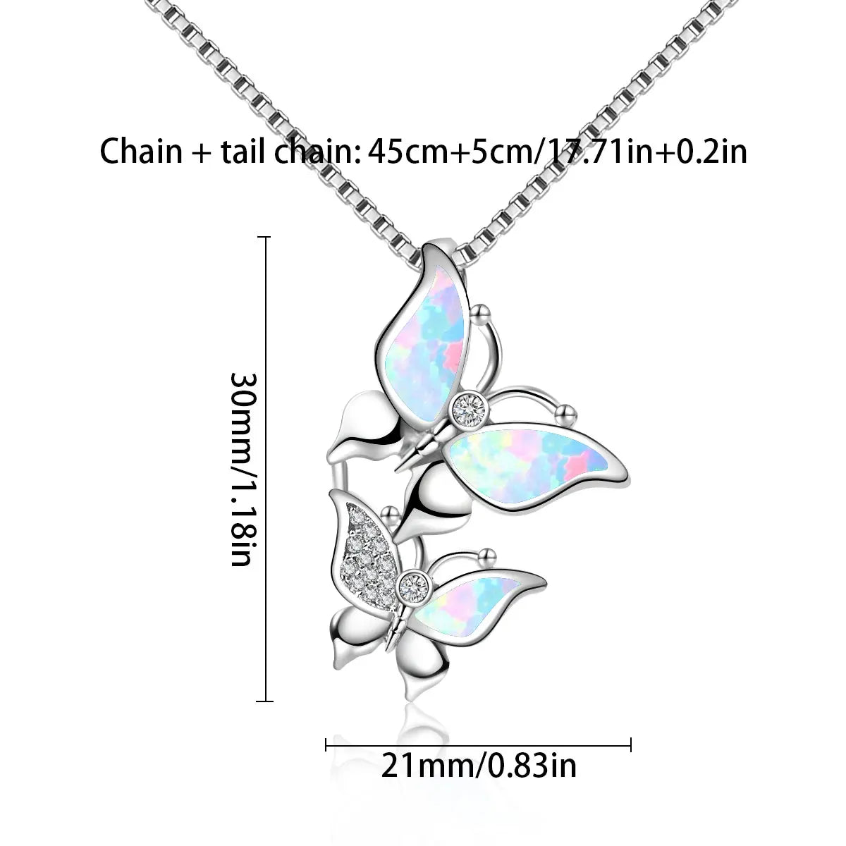 Fashion Double Butterfly Christian Lariat Necklace with Blue Opal Inlay Box Chain Silver Plated Copper for Women