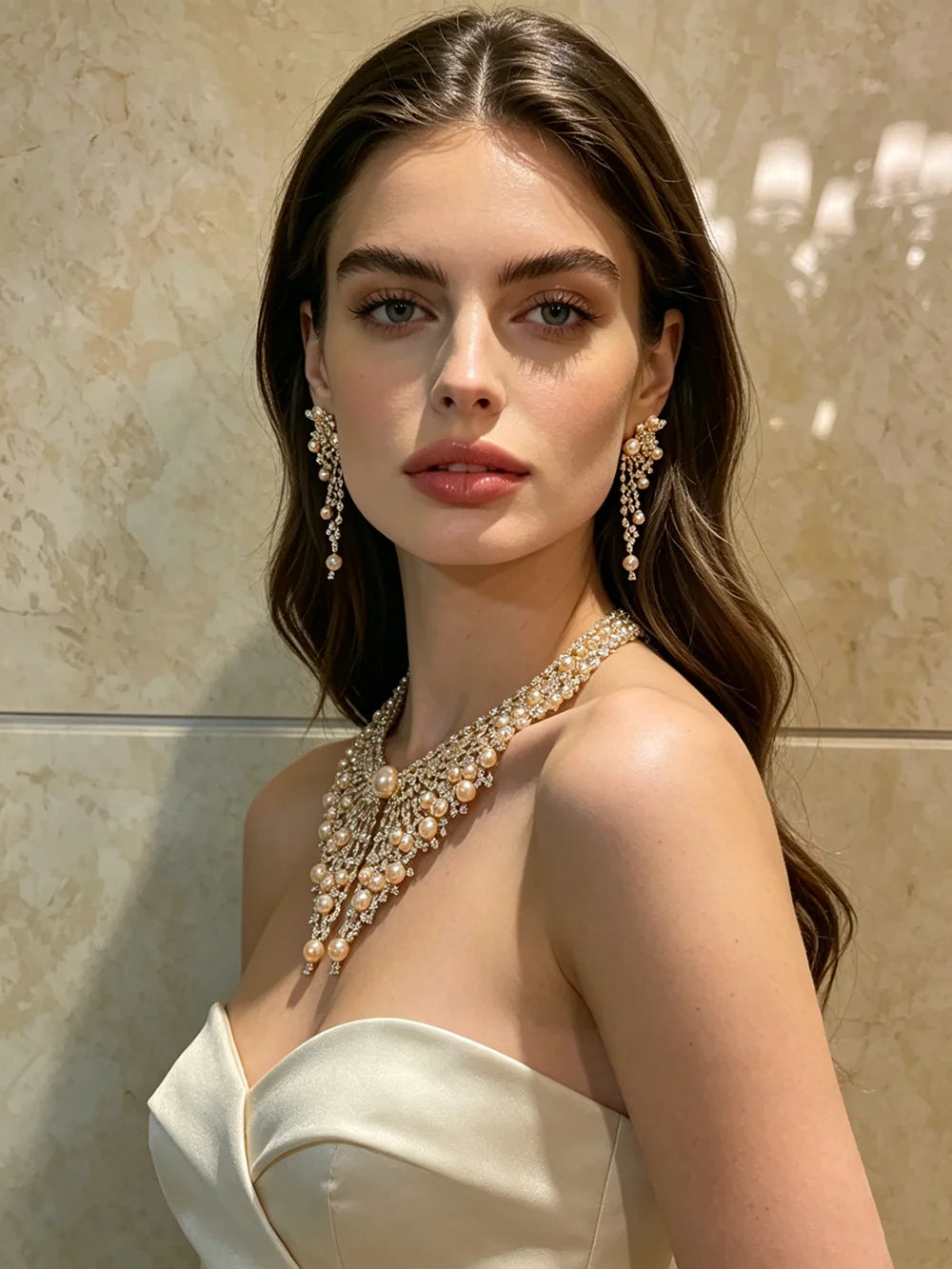 XM S424 Gold Plated Hollow Mesh Champagne Pearl & Full Paved CZ Bib Choker Necklace & Long Tassel Drop Earrings Set