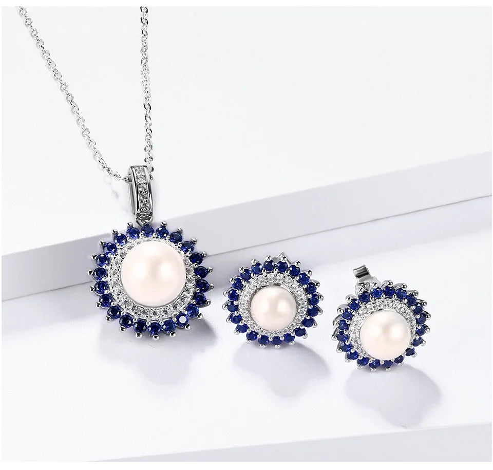 925 Sterling Silver Natural Pearl Jewelry Sets for Women Freshwater Pearl Stud Earrings and  Pearls Sapphire Pendant