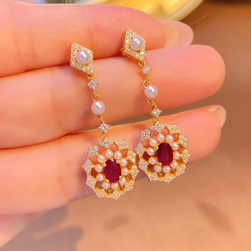 Gioiellieri 925 Sterling Silver Oval Cut Ruby Natural Stone Claw Setting Gold Plated Drop Earrings Luxury Jewelry Gift Women Party Occasion