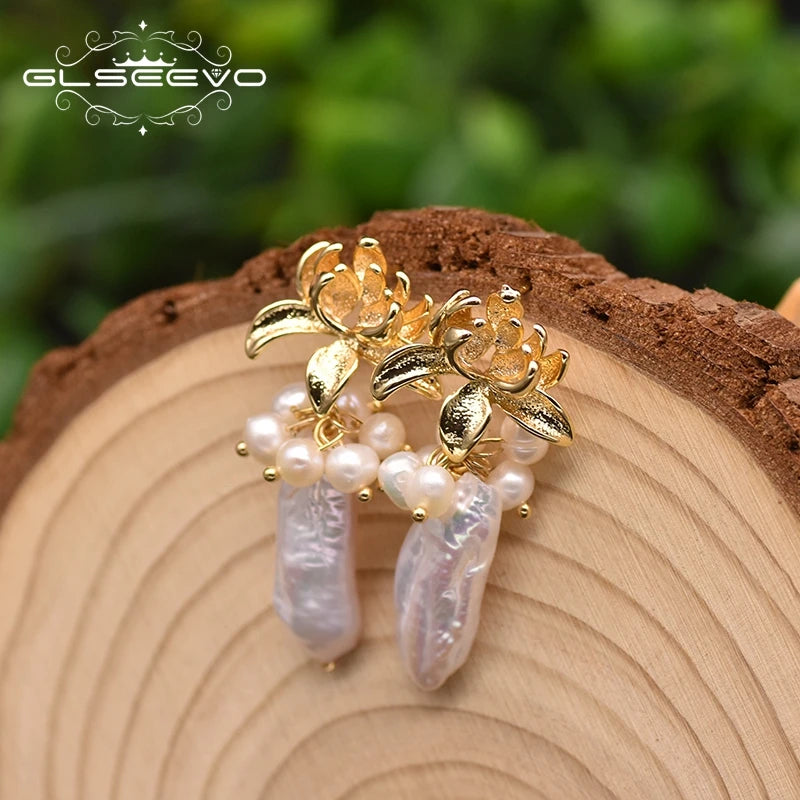 Flower Shape Charm Drop Earrings for Women Natural Freshwater Baroque Pearl Christmas Earrings Luxury Jewelry  Earrings Bulk
