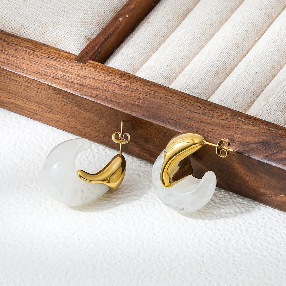 Joolim PVD Plated Wholesale Waterproof Chunky Vintage Marble Pattern Resin Pear C Shape Hoop Earring Stainless Steel Jewelry