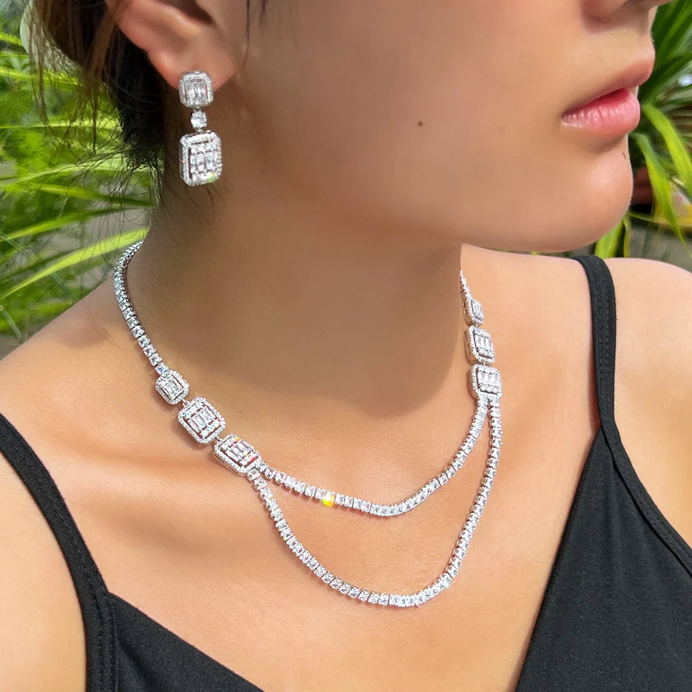 Wholesale Shiny White Cubic Zirconia Double Layered Wedding Evening Chain Necklace Bridal Party Wear Jewelry Sets for Women