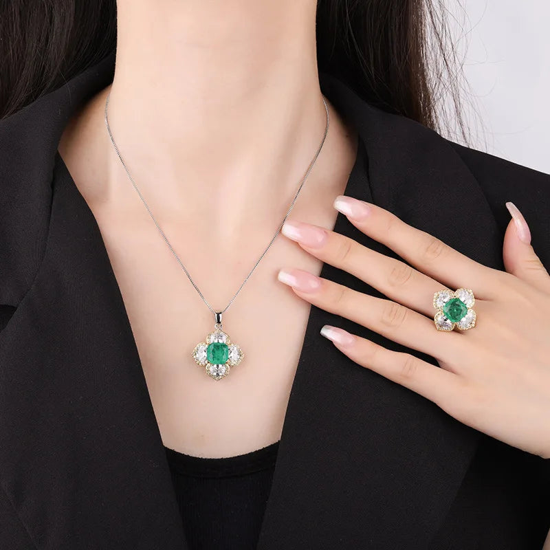 Gemfiori New Popular and Explosive Jewelry European and American Retro Inlaid square Emerald pink Zircon Flower Set