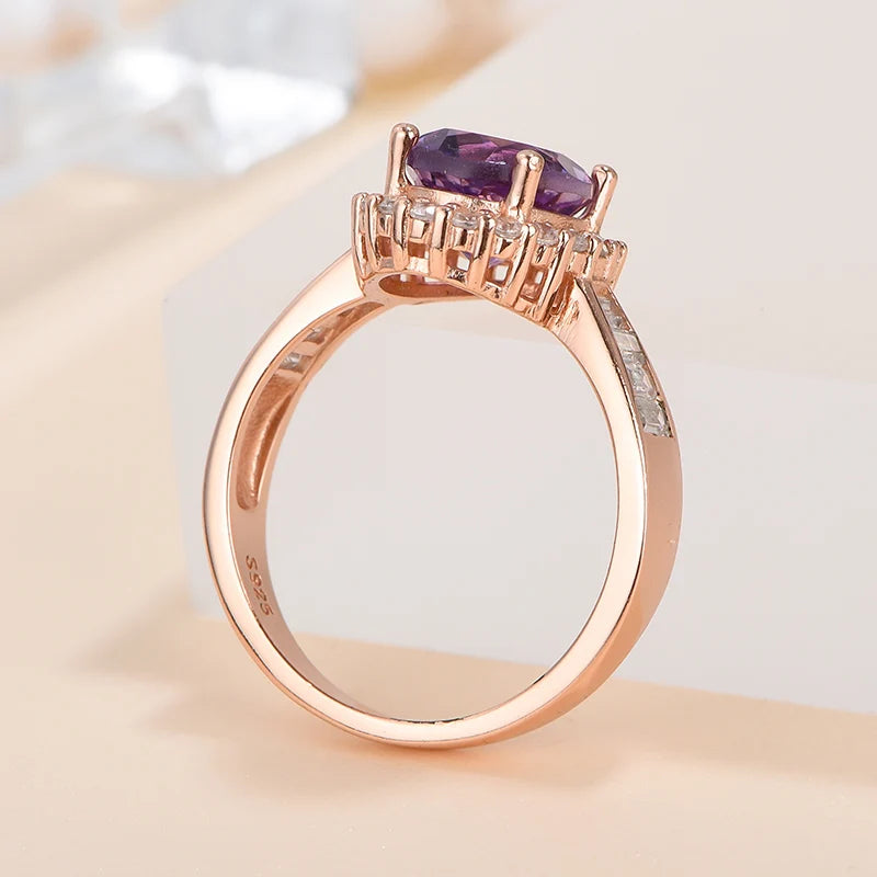 Gioiellieri Natural Amethyst Rhodium Plated 925 Sterling Silver Luxury Oval Cut Prong Setting Third Party Certified Engagement Ring for