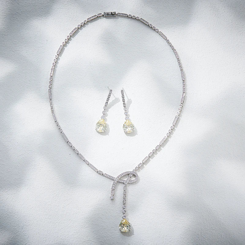 High End Design Sense, Niche, Light Luxury, Super Sparkling Droplet Shaped Necklace, Earrings, Women's Dress Accessories