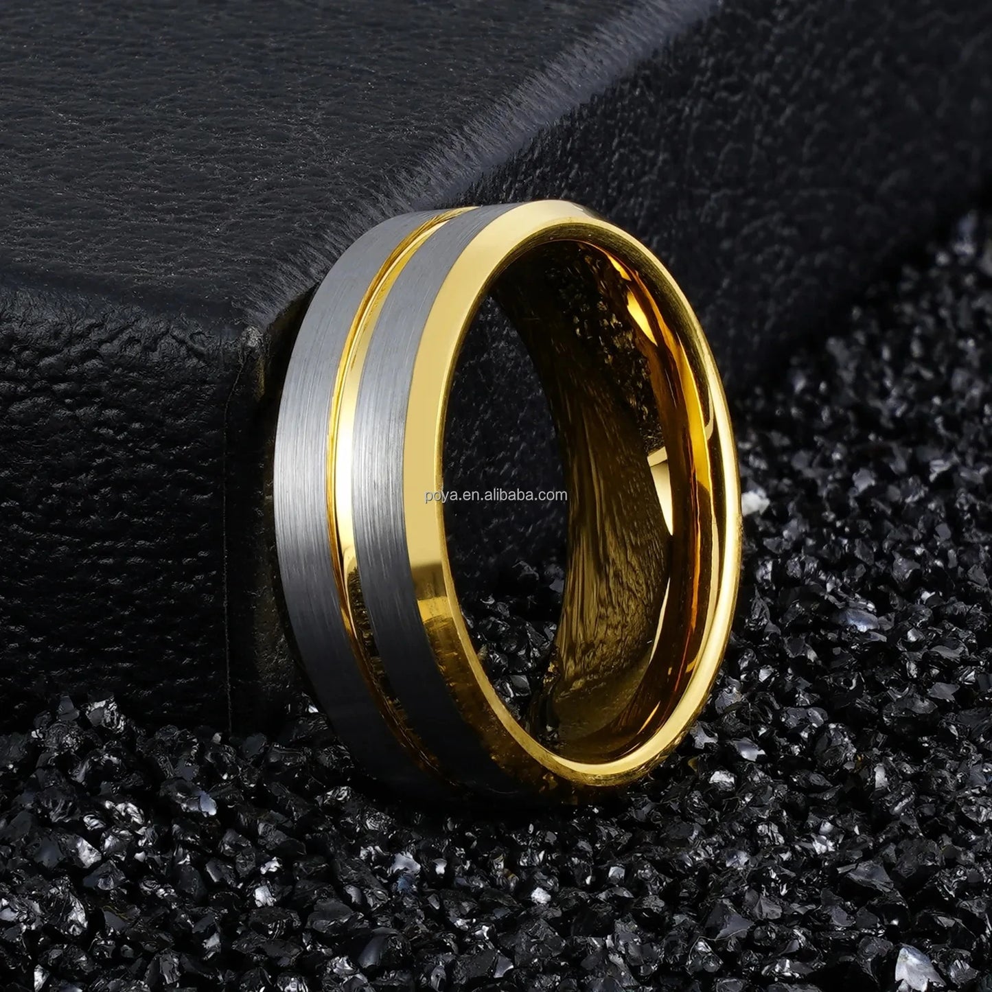 POYA 8mm Unisex Stylish Vintage Design Tungsten Ring Gold Plated Beveled Edges Engagement Wedding Gift Silver Jewelry