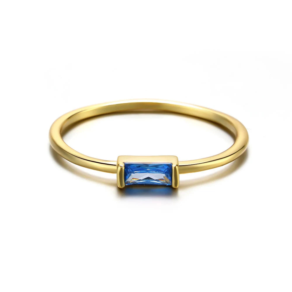 Gold Rhodium Plated Thin Pinky 925 Sterling Silver Romantic Party Colorful Square CZ Zirconia Gemstone Women's Birthstone