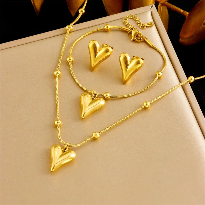 Gold Heart Necklace, Earrings & Bracelet Jewellery Set | Classic Everyday Fashion Set