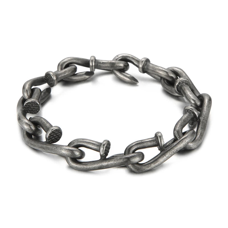 VIKING Mens Retro Twisted Nail Link Bracelet – Oxidised Black Stainless Steel