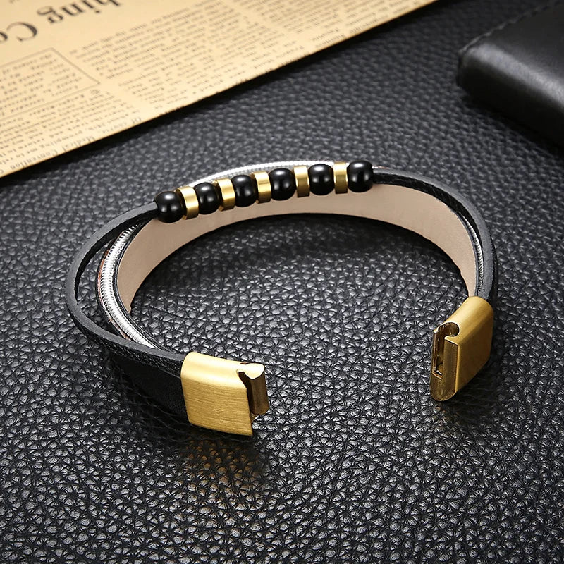 REBEL Mens Bracelets Stainless Steel Cowhide Fashion Jewelry Bead Bracelet Bangles