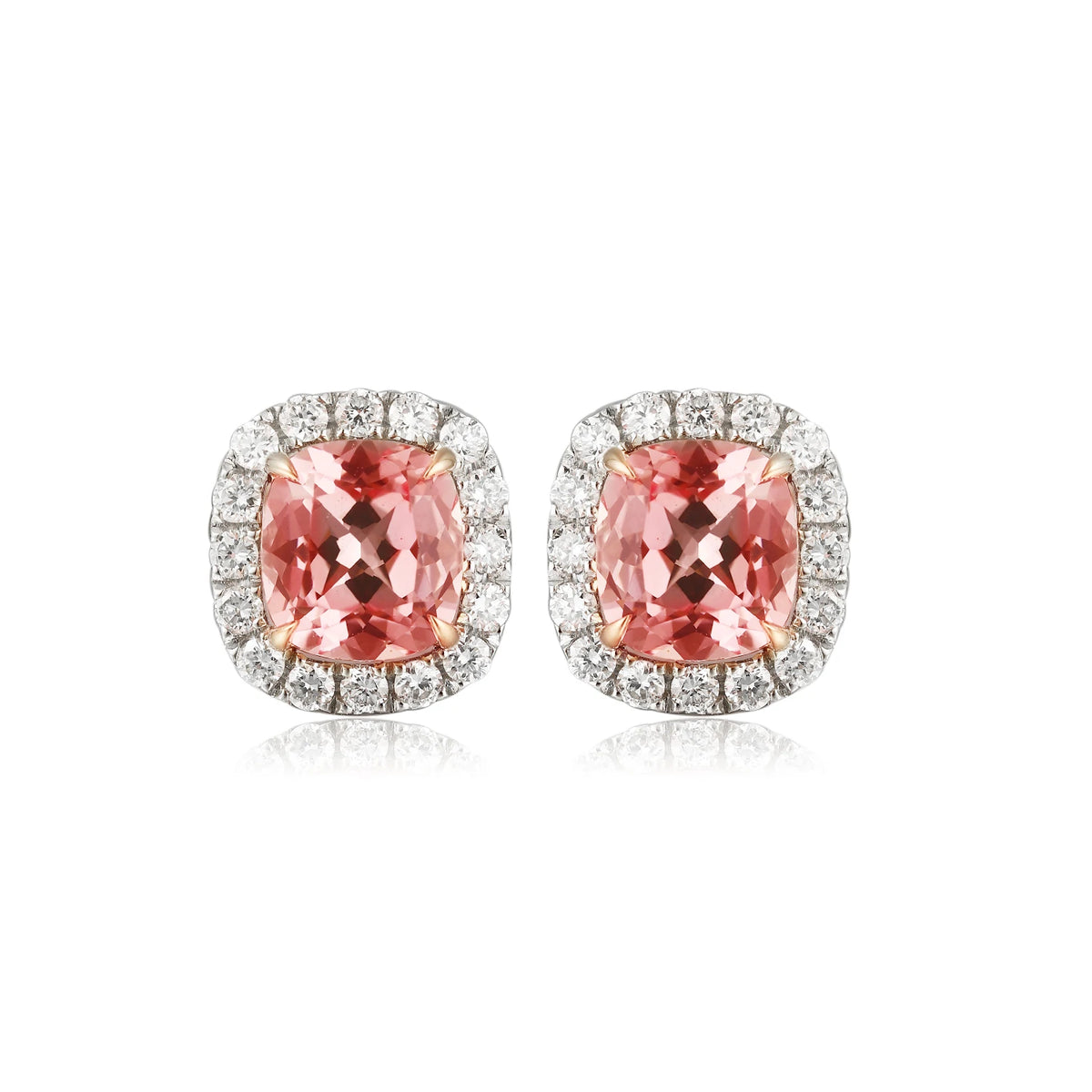 Gemfiori 18K Gold Lab Grown Padparadscha Stud Earrings Cushion Cut Brilliant Sparkle for Fashion Dinner Party