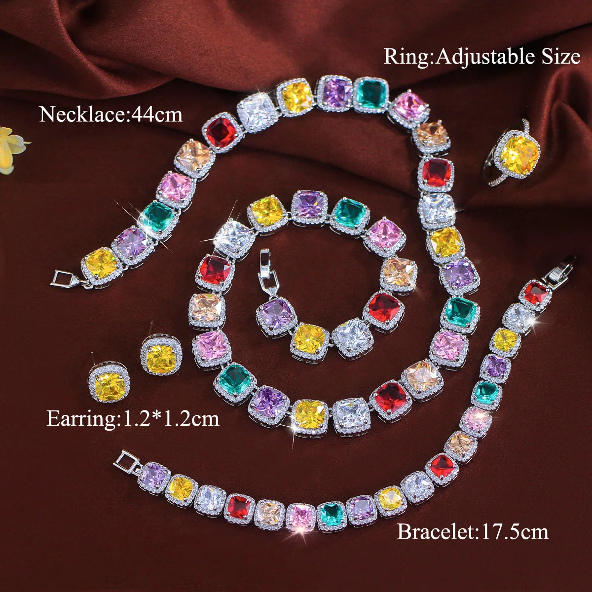 Sparkling 4PCS Rhodium Plated CZ Jewelry Set White Square Zircon Bracelet Ring Earrings Necklace Jewelry Set for Women Banquet