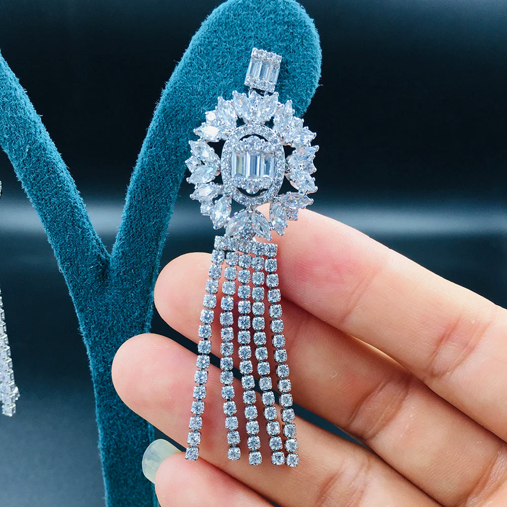UAE 2PCS Luxury Long Tassel Jewelry Set for Women Wedding Cubic Zircon CZ African Dubai Bridal Jewelry