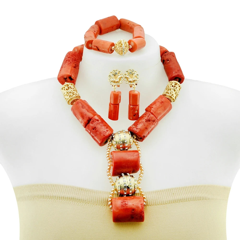 Zhuerrui Elegant Red Coral Bead Jewelry Set Gold Plated Rose Design for African Wedding and Party Wear YL124
