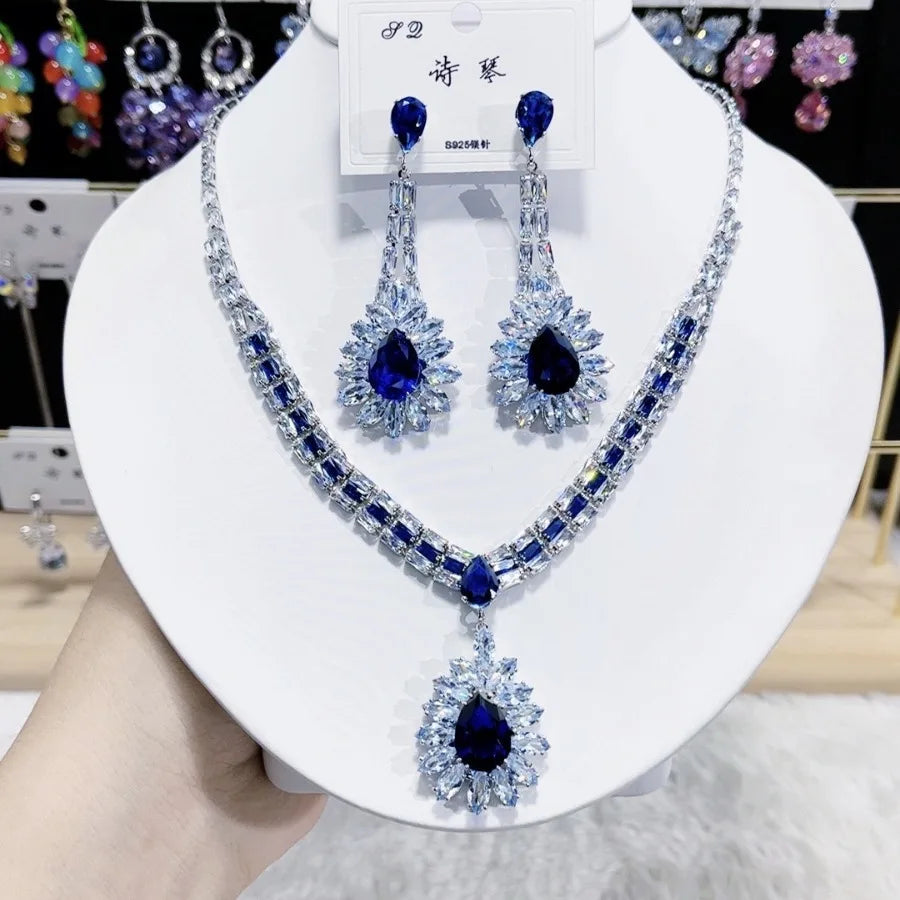 K057 Top Quality Trendy Luxury Classic Water Drop Blue Zircon Necklace Earrings Set Elegant Women's Jewelry Set