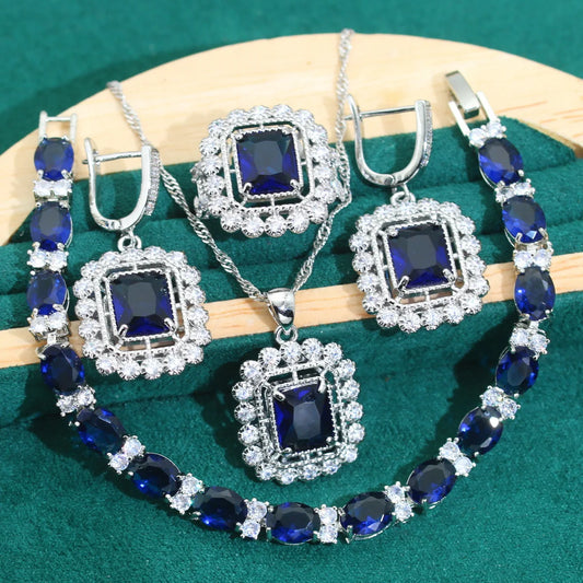 Classic 925 Silver Jewelry Set for Women Blue Zircon Bracelet Earrings Necklace for Wedding Engagement Party or Halloween