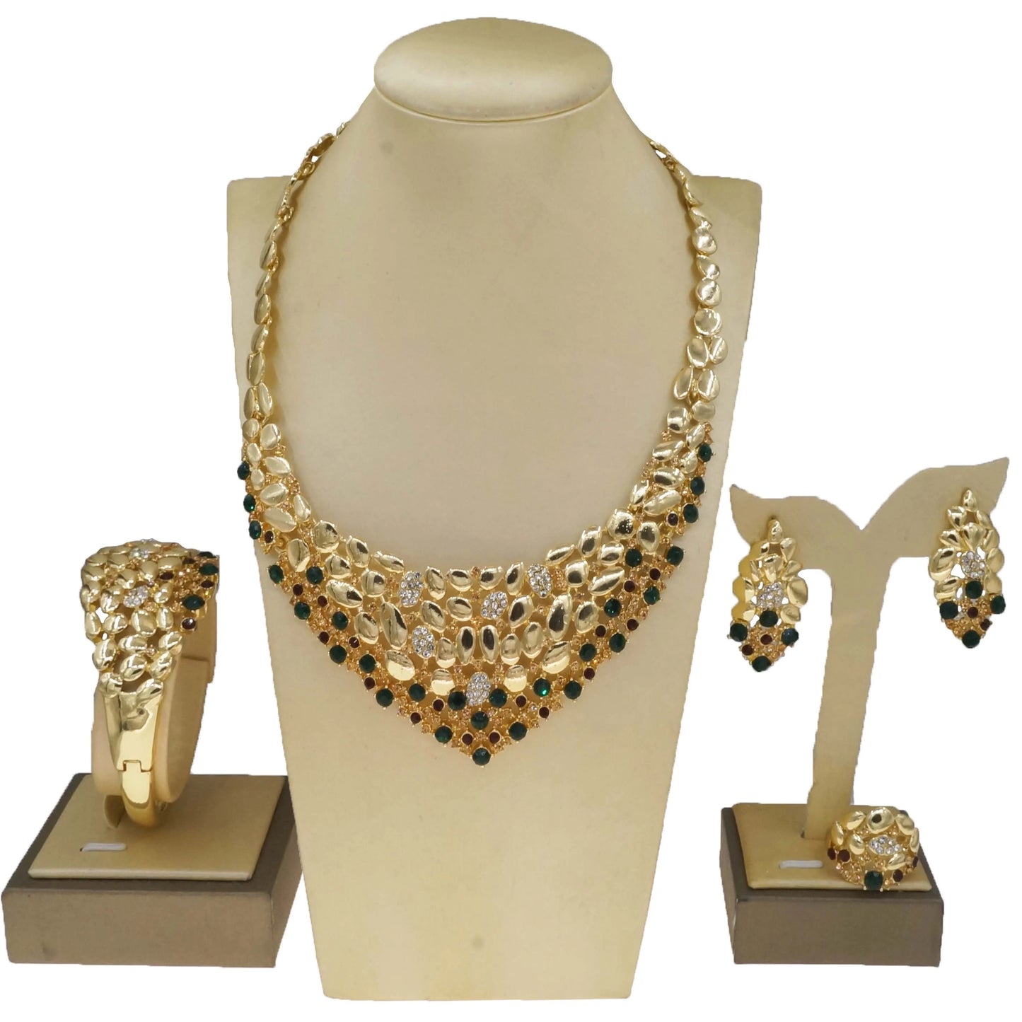 Zhuerrui African Cheap Gold Luxury Jewelry Sets Green Red Diamond Necklace Jewelry Set Factory Women's Birthday Gifts HN23001