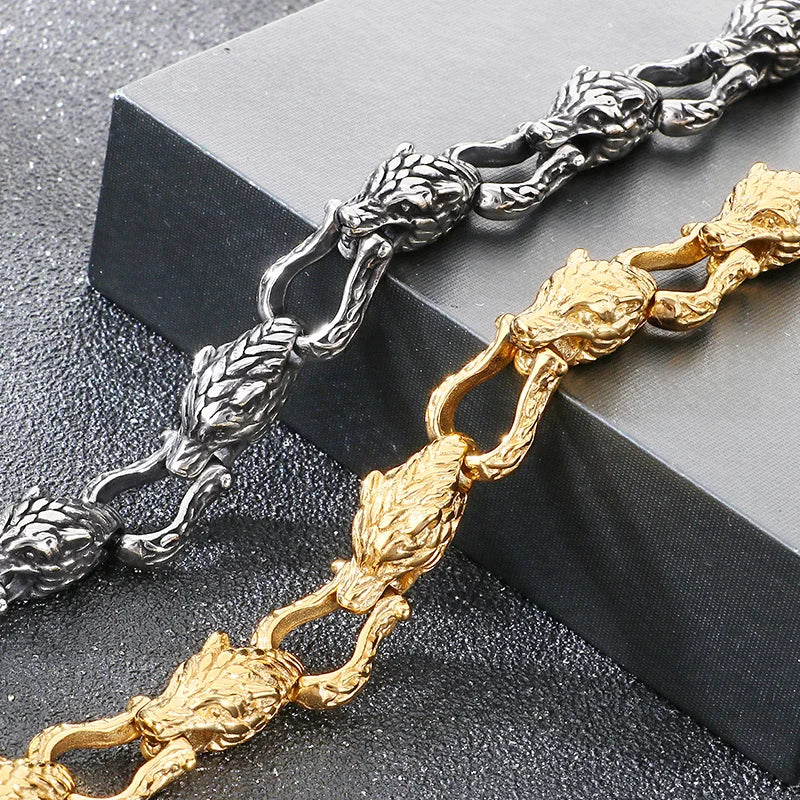 REBEL Fashion Bracelets Men Stainless Steel Punk Wolf Head Links Bracelet Bangle