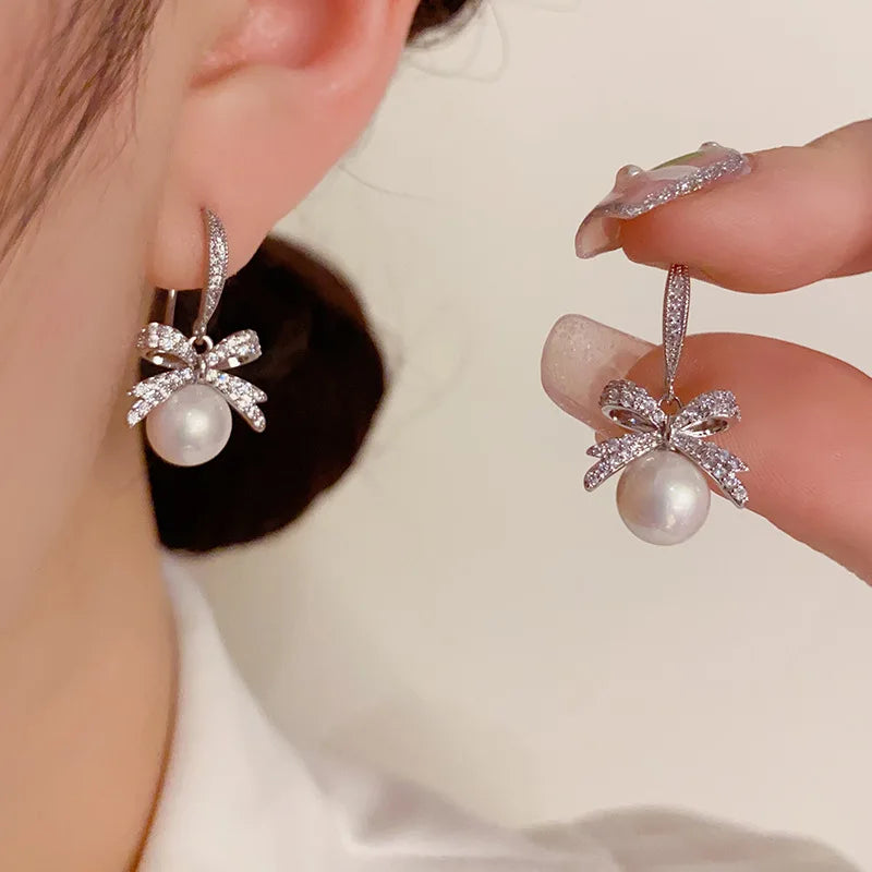 High Quality Fashion Luxury Bow Knot Zircon Necklace and Earrings Set With Pearl Women Real Gold Plated Jewelry Set